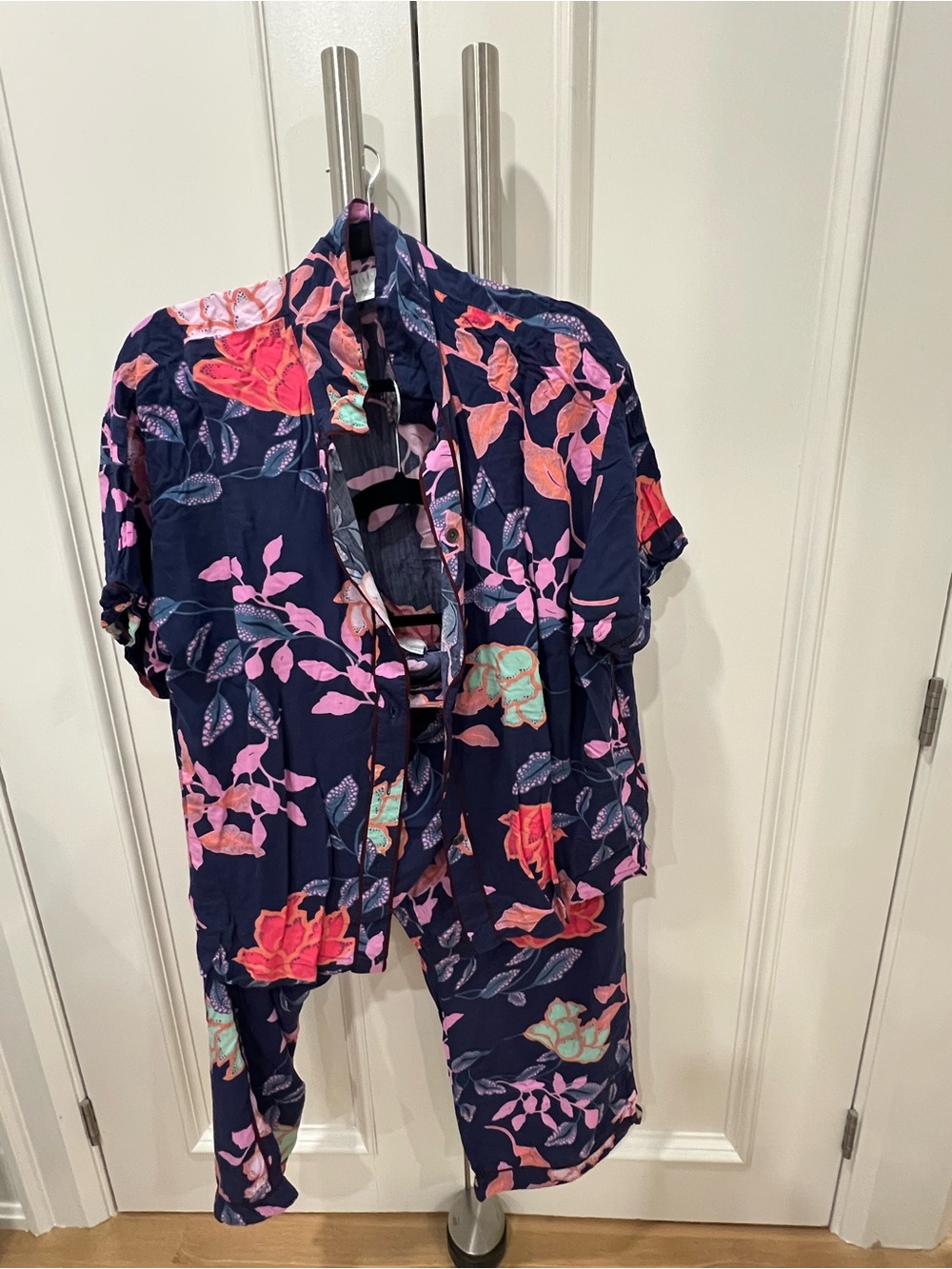 Anne Klein Navy Pajama Set with Pink & Teal Floral Print